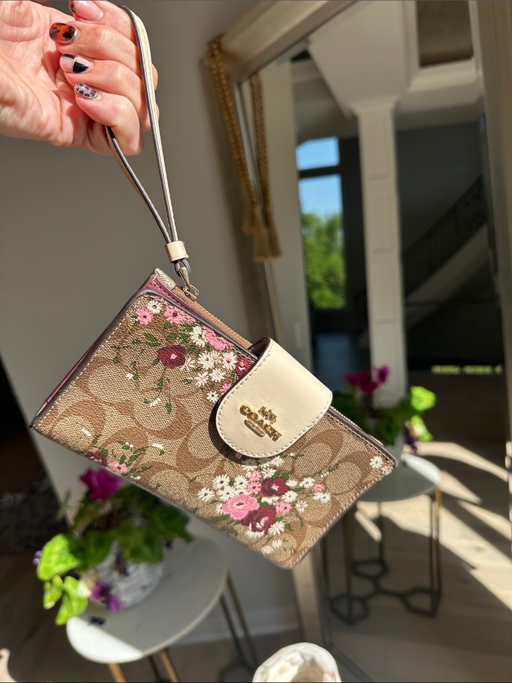Coach Brown Floral Signature Canvas Wristlet Wallet with Cream Trim - Picture 2 of 5